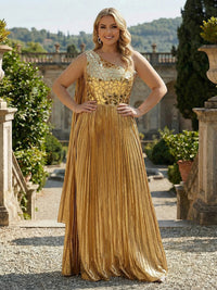 Metallic Satin Pleated One Shoulder Evening Dresses Floor-Length Formal Gowns