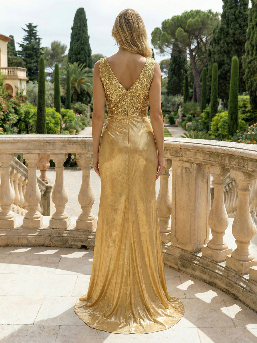 Sparkly Sequin Satin Deep V-Neck Evening Dresses Floor-Length Formal Party Gowns with High Slit & Sweep Train