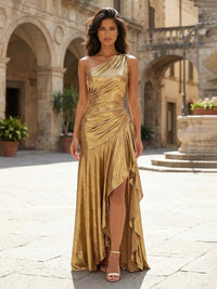 Mermaid Metallic Satin High-Low One Shoulder Ruffled Evening Dresses Ruched Maxi Formal Party Gowns with High Slit