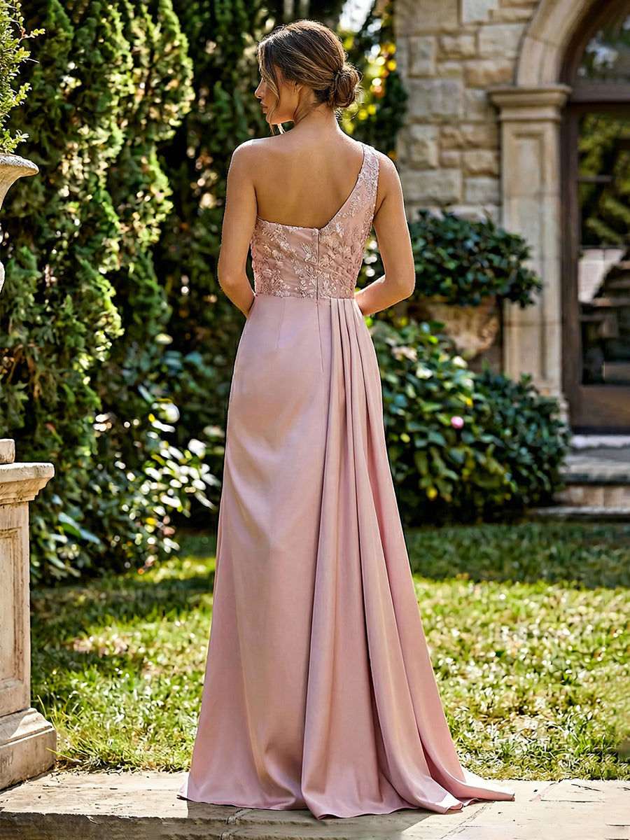 A-Line Satin One Shoulder Evening Dresses Floor-Length Formal Gowns with Lace Embellished Bodice & Ruched Waist