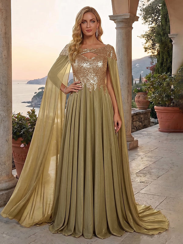 Shirees Burgundy A-Line Metallic Satin Sheer Cape Sleeve Off Shoulder Evening Dresses Maxi Formal Party Gowns with Sweep Train & Sequin Embellished