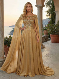 A-Line Metallic Satin Sheer Cape Sleeve Off Shoulder Evening Dresses Maxi Formal Party Gowns with Sweep Train & Sequin Embellished Bodice