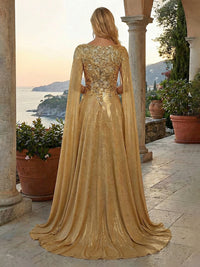 A-Line Metallic Satin Sheer Cape Sleeve Off Shoulder Evening Dresses Maxi Formal Party Gowns with Sweep Train & Sequin Embellished Bodice