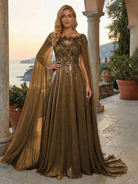 A-Line Metallic Satin Sheer Cape Sleeve Off Shoulder Evening Dresses Maxi Formal Party Gowns with Sweep Train & Sequin Embellished Bodice