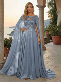 A-Line Metallic Satin Sheer Cape Sleeve Off Shoulder Evening Dresses Maxi Formal Party Gowns with Sweep Train & Sequin Embellished Bodice