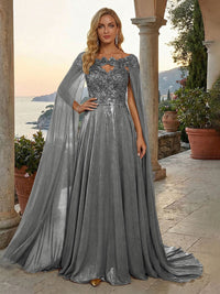 A-Line Metallic Satin Sheer Cape Sleeve Off Shoulder Evening Dresses Maxi Formal Party Gowns with Sweep Train & Sequin Embellished Bodice