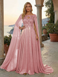 A-Line Metallic Satin Sheer Cape Sleeve Off Shoulder Evening Dresses Maxi Formal Party Gowns with Sweep Train & Sequin Embellished Bodice