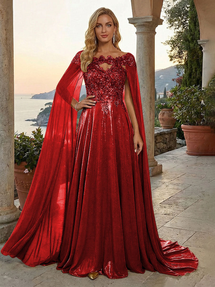Shirees Red A-Line Metallic Satin Sheer Cape Sleeve Off Shoulder Evening Dresses Maxi Formal Party Gowns with Sweep Train & Sequin Embellished Bodice