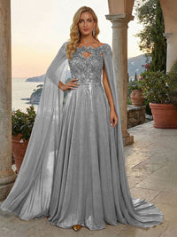 A-Line Metallic Satin Sheer Cape Sleeve Off Shoulder Evening Dresses Maxi Formal Party Gowns with Sweep Train & Sequin Embellished Bodice