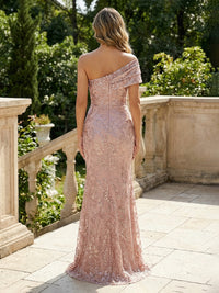 Mermaid Floral Embroidered Sequin Lace One Shoulder Evening Dresses Floor-Length Formal Gowns with Ruched Waist & Slit