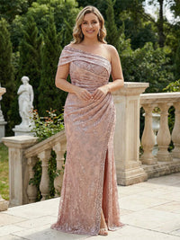 Mermaid Floral Embroidered Sequin Lace One Shoulder Evening Dresses Floor-Length Formal Gowns with Ruched Waist & Slit