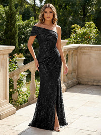 Mermaid Floral Embroidered Sequin Lace One Shoulder Evening Dresses Floor-Length Formal Gowns with Ruched Waist & Slit