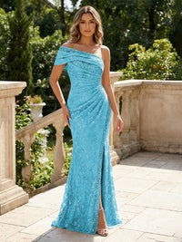 Mermaid Floral Embroidered Sequin Lace One Shoulder Evening Dresses Floor-Length Formal Gowns with Ruched Waist & Slit