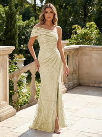 Mermaid Floral Embroidered Sequin Lace One Shoulder Evening Dresses Floor-Length Formal Gowns with Ruched Waist & Slit