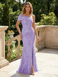 Mermaid Floral Embroidered Sequin Lace One Shoulder Evening Dresses Floor-Length Formal Gowns with Ruched Waist & Slit