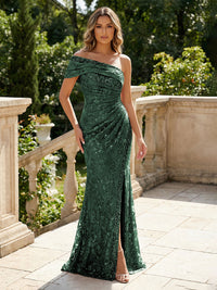 Mermaid Floral Embroidered Sequin Lace One Shoulder Evening Dresses Floor-Length Formal Gowns with Ruched Waist & Slit