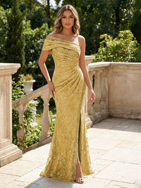 Mermaid Floral Embroidered Sequin Lace One Shoulder Evening Dresses Floor-Length Formal Gowns with Ruched Waist & Slit