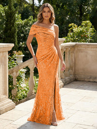 Mermaid Floral Embroidered Sequin Lace One Shoulder Evening Dresses Floor-Length Formal Gowns with Ruched Waist & Slit
