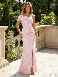 Mermaid Floral Embroidered Sequin Lace One Shoulder Evening Dresses Floor-Length Formal Gowns with Ruched Waist & Slit