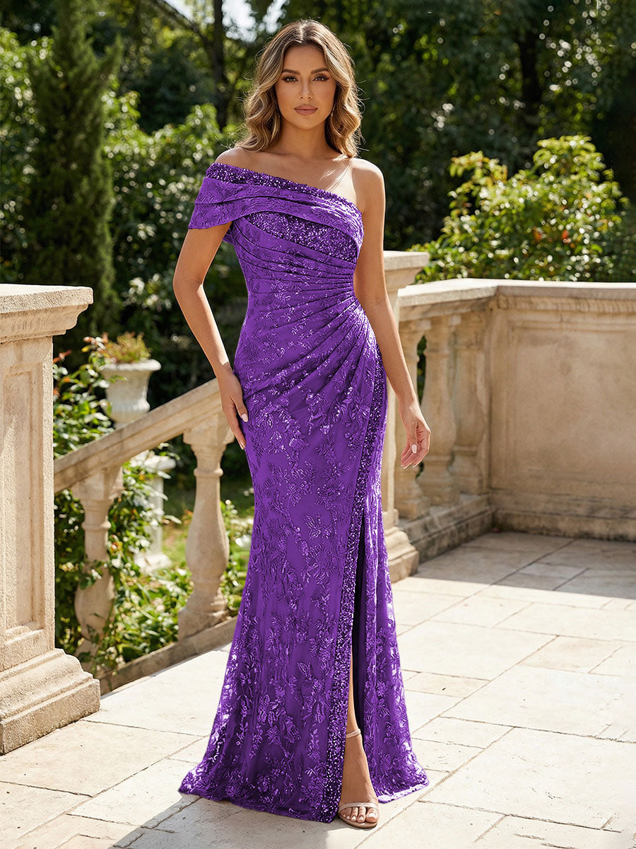 Mermaid Floral Embroidered Sequin Lace One Shoulder Evening Dresses Floor-Length Formal Gowns with Ruched Waist & Slit