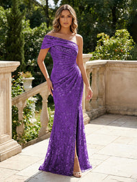Mermaid Floral Embroidered Sequin Lace One Shoulder Evening Dresses Floor-Length Formal Gowns with Ruched Waist & Slit