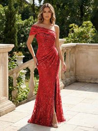 Mermaid Floral Embroidered Sequin Lace One Shoulder Evening Dresses Floor-Length Formal Gowns with Ruched Waist & Slit