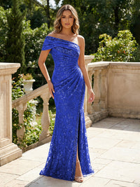 Mermaid Floral Embroidered Sequin Lace One Shoulder Evening Dresses Floor-Length Formal Gowns with Ruched Waist & Slit