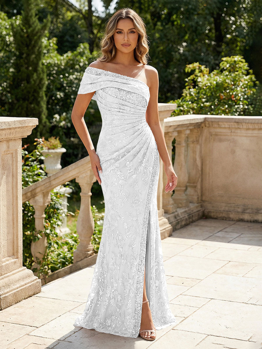 Mermaid Floral Embroidered Sequin Lace One Shoulder Evening Dresses Floor-Length Formal Gowns with Ruched Waist & Slit