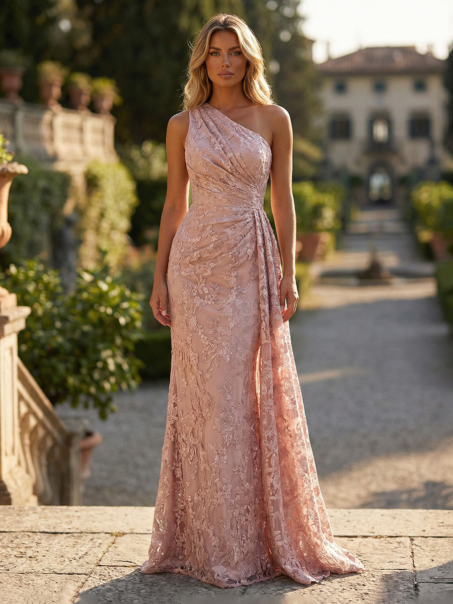 Shirees Plum Sheath/Column Floral Lace Embroidered One Shoulder Evening Dresses Floor-Length Formal Gowns with Ruched Waist & Side Train 2026