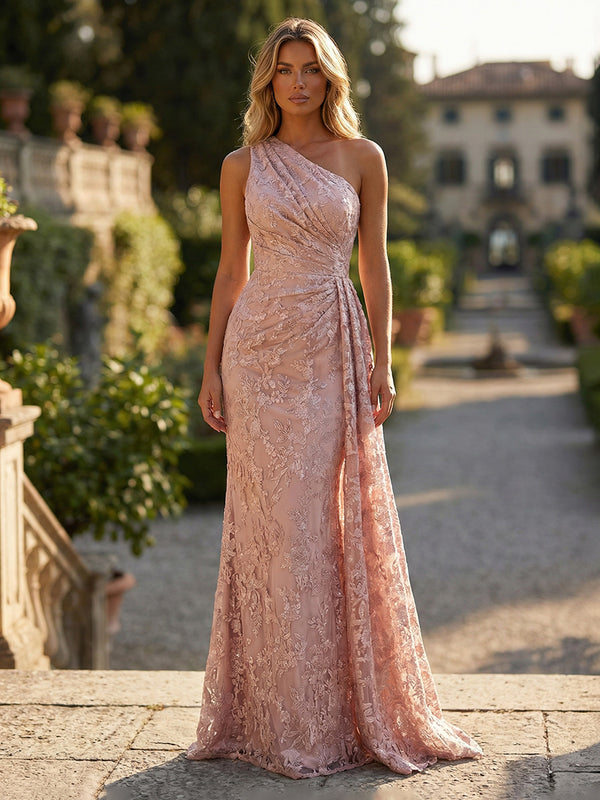 Sheath/Column Floral Lace Embroidered One Shoulder Evening Dresses Flo Shirees Sheath/Column Floral Lace Embroidered One Shoulder Evening Dresses Flo Shirees