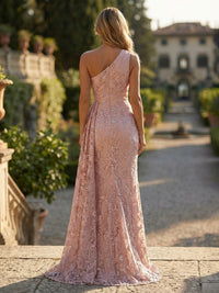 Sheath/Column Floral Lace Embroidered One Shoulder Evening Dresses Floor-Length Formal Gowns with Ruched Waist & Side Train