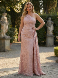 Sheath/Column Floral Lace Embroidered One Shoulder Evening Dresses Floor-Length Formal Gowns with Ruched Waist & Side Train