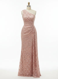 Sheath/Column Floral Lace Embroidered One Shoulder Evening Dresses Floor-Length Formal Gowns with Ruched Waist & Side Train