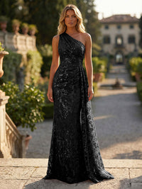 Sheath/Column Floral Lace Embroidered One Shoulder Evening Dresses Floor-Length Formal Gowns with Ruched Waist & Side Train