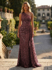 Sheath/Column Floral Lace Embroidered One Shoulder Evening Dresses Floor-Length Formal Gowns with Ruched Waist & Side Train