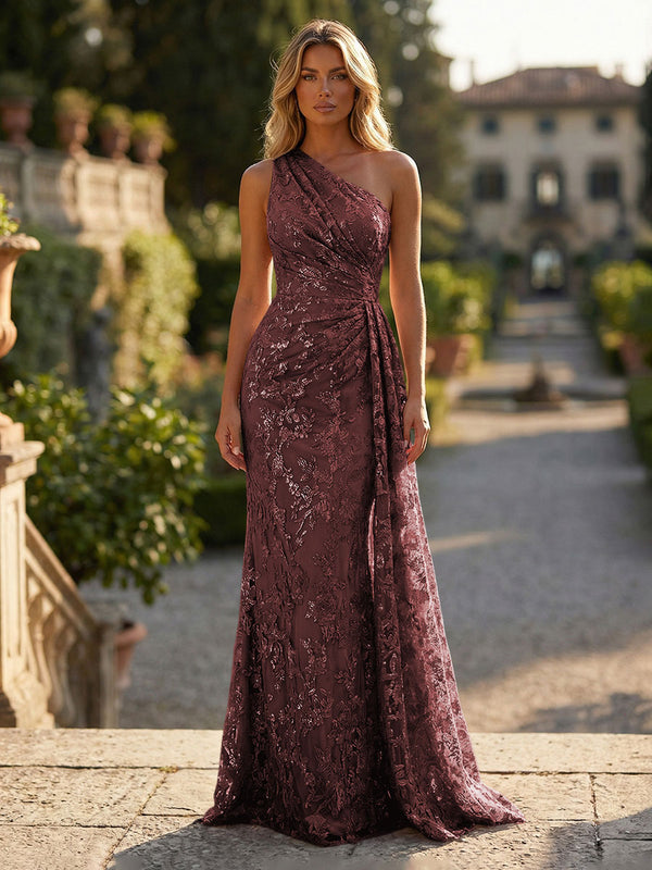 Sheath/Column Floral Lace Embroidered One Shoulder Evening Dresses Floor-Length Formal Gowns with Ruched Waist & Side Train