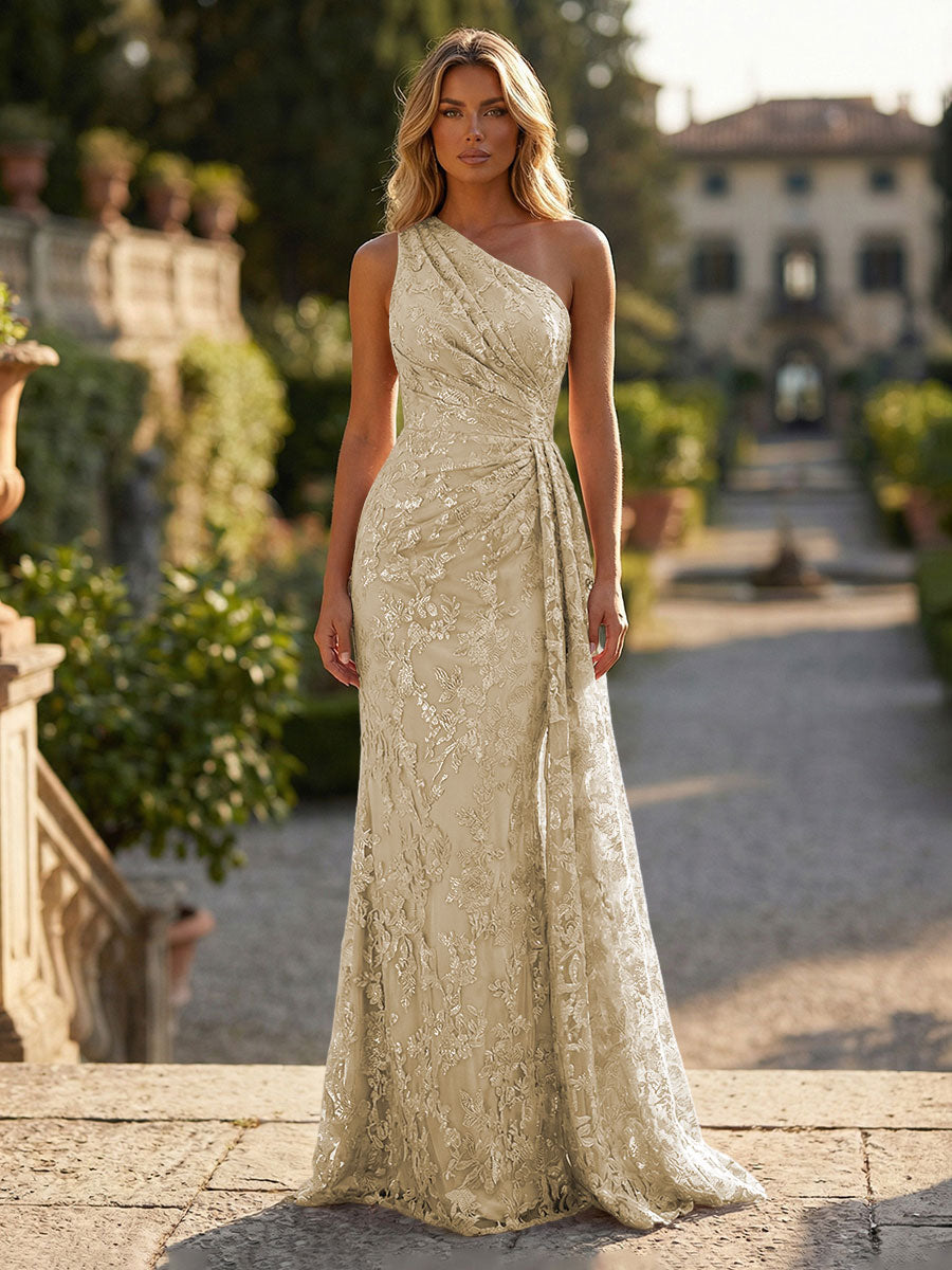 Sheath/Column Floral Lace Embroidered One Shoulder Evening Dresses Floor-Length Formal Gowns with Ruched Waist & Side Train