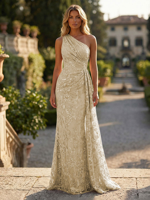 Sheath/Column Floral Lace Embroidered One Shoulder Evening Dresses Floor-Length Formal Gowns with Ruched Waist & Side Train