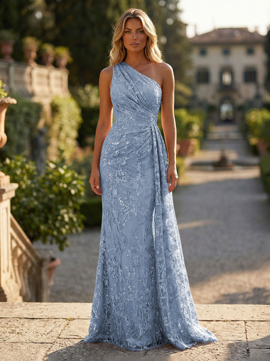 Sheath/Column Floral Lace Embroidered One Shoulder Evening Dresses Floor-Length Formal Gowns with Ruched Waist & Side Train