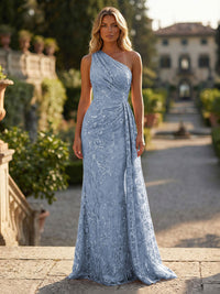 Sheath/Column Floral Lace Embroidered One Shoulder Evening Dresses Floor-Length Formal Gowns with Ruched Waist & Side Train