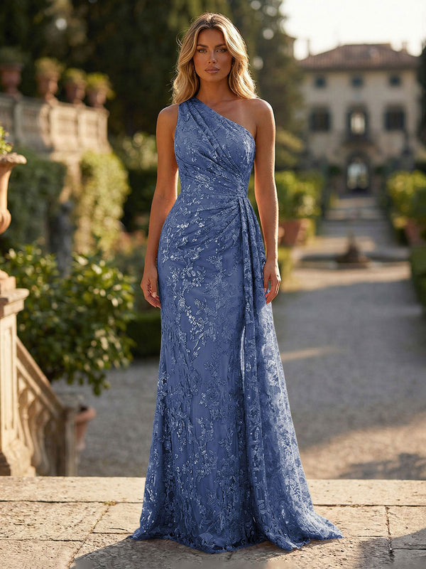 Sheath/Column Floral Lace Embroidered One Shoulder Evening Dresses Floor-Length Formal Gowns with Ruched Waist & Side Train