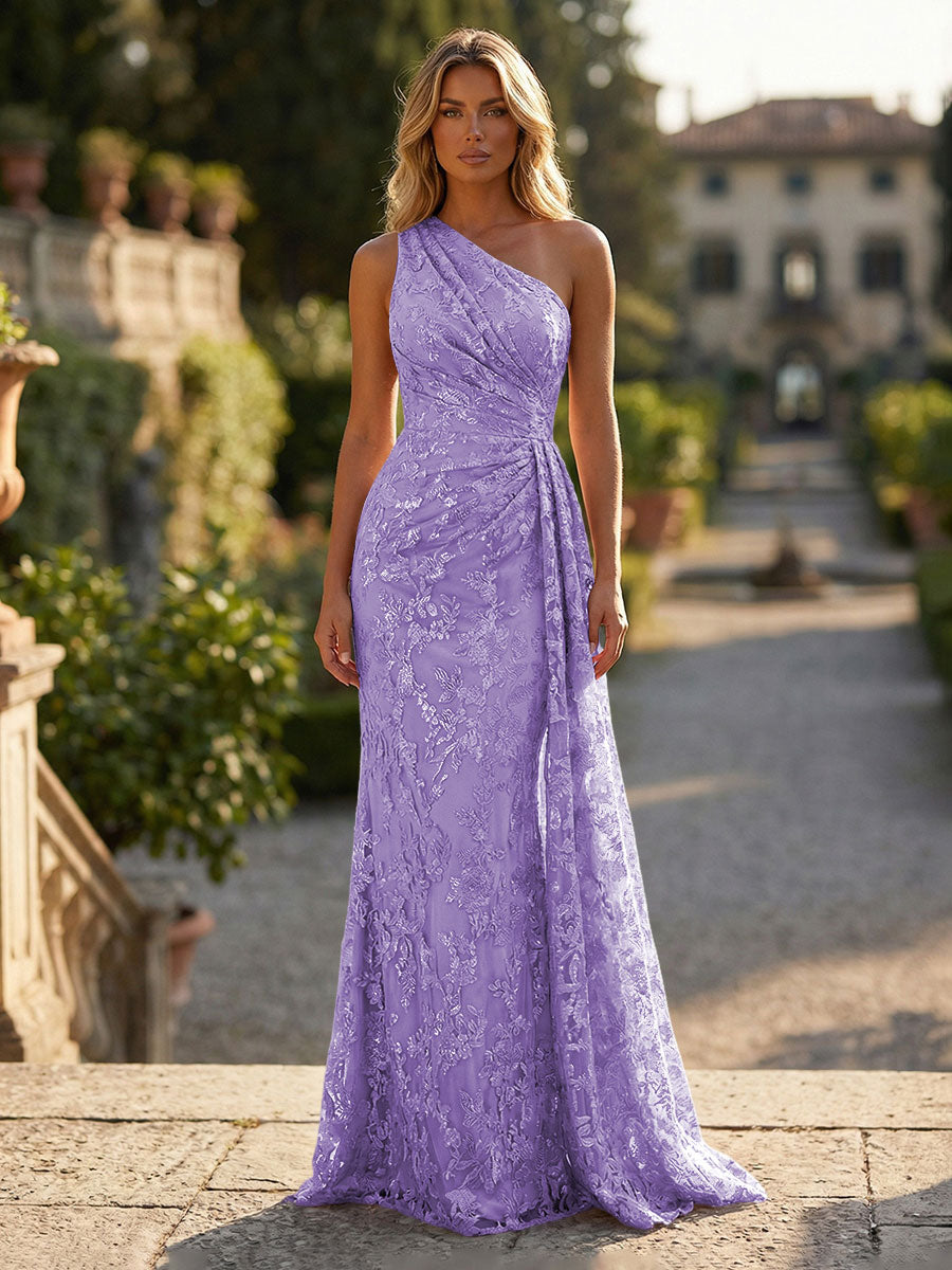 Sheath/Column Floral Lace Embroidered One Shoulder Evening Dresses Floor-Length Formal Gowns with Ruched Waist & Side Train