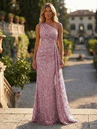 Sheath/Column Floral Lace Embroidered One Shoulder Evening Dresses Floor-Length Formal Gowns with Ruched Waist & Side Train
