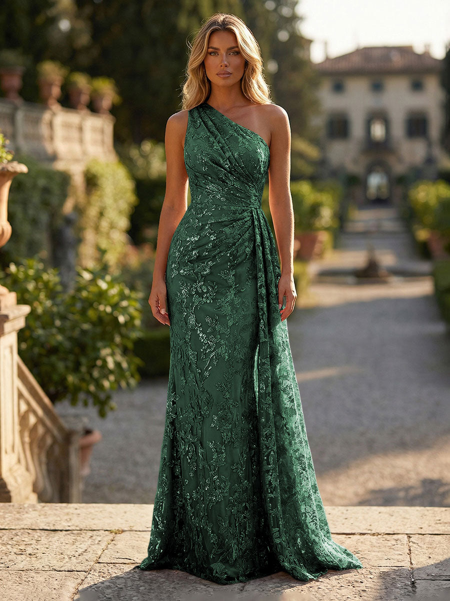 Sheath/Column Floral Lace Embroidered One Shoulder Evening Dresses Floor-Length Formal Gowns with Ruched Waist & Side Train