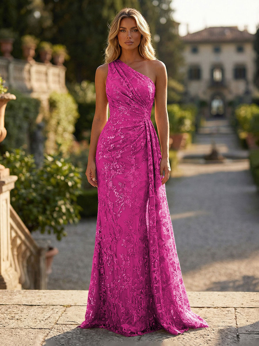 Sheath/Column Floral Lace Embroidered One Shoulder Evening Dresses Floor-Length Formal Gowns with Ruched Waist & Side Train