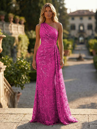 Sheath/Column Floral Lace Embroidered One Shoulder Evening Dresses Floor-Length Formal Gowns with Ruched Waist & Side Train