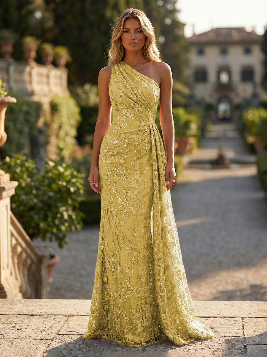 Sheath/Column Floral Lace Embroidered One Shoulder Evening Dresses Floor-Length Formal Gowns with Ruched Waist & Side Train