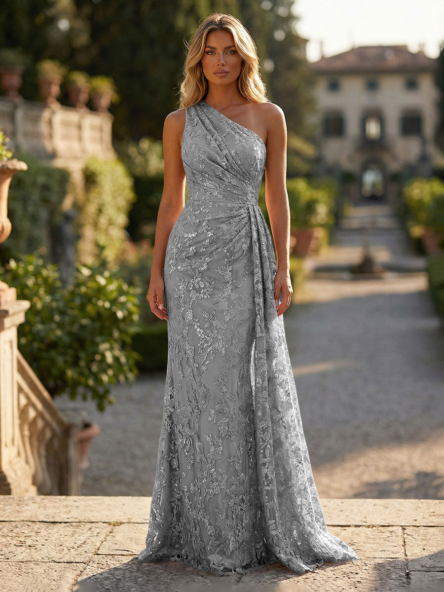 Sheath/Column Floral Lace Embroidered One Shoulder Evening Dresses Floor-Length Formal Gowns with Ruched Waist & Side Train