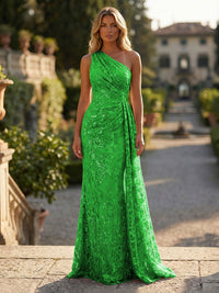 Sheath/Column Floral Lace Embroidered One Shoulder Evening Dresses Floor-Length Formal Gowns with Ruched Waist & Side Train