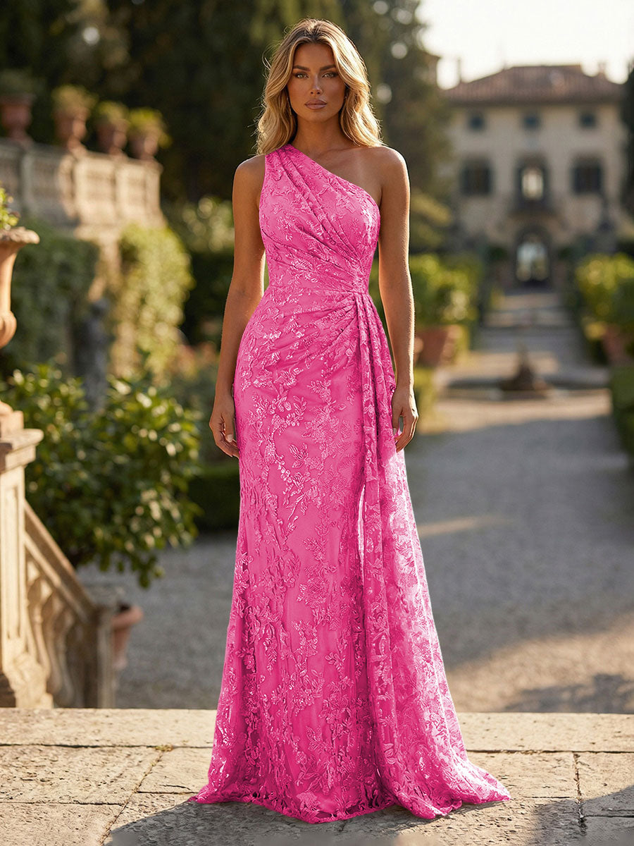Sheath/Column Floral Lace Embroidered One Shoulder Evening Dresses Floor-Length Formal Gowns with Ruched Waist & Side Train